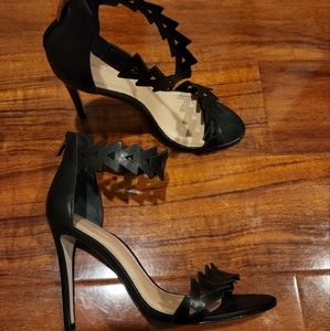 Black leather ankle wrap heels